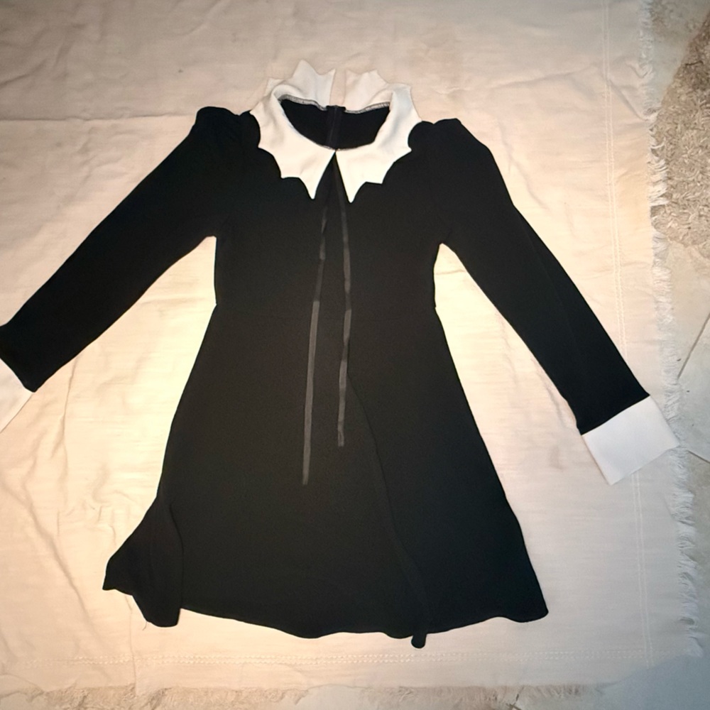 SHEIN Black & White Contrast Collar Dress – Size M – Elegant Long Sleeve